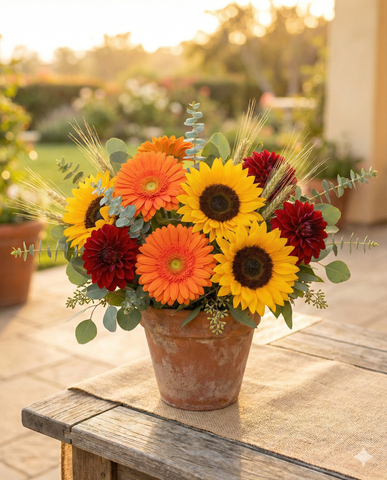 Sunflower and Gerbera Daisy Arrangement in Rustic Pot
