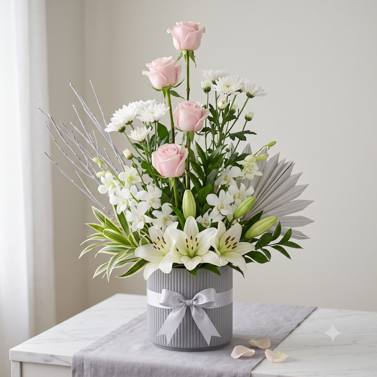 Luxury Pink Roses and White Lilies Arrangement