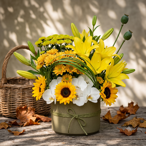 Luxury Yellow Lily and Sunflower Bouquet in Green Pot