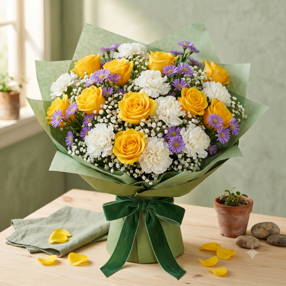 Sunlit Yellow Roses & Carnations Celebration Bouquet