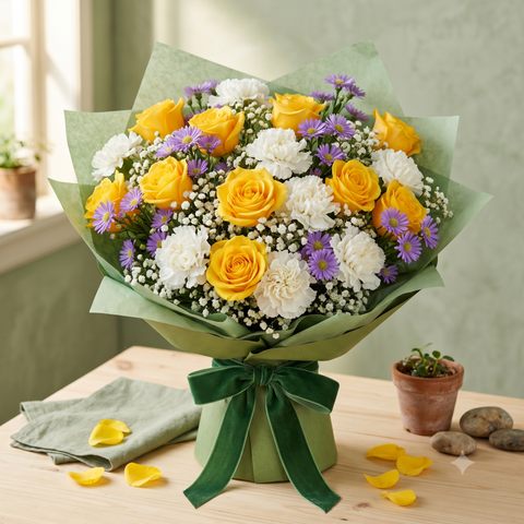 Sunlit Yellow Roses & Carnations Celebration Bouquet