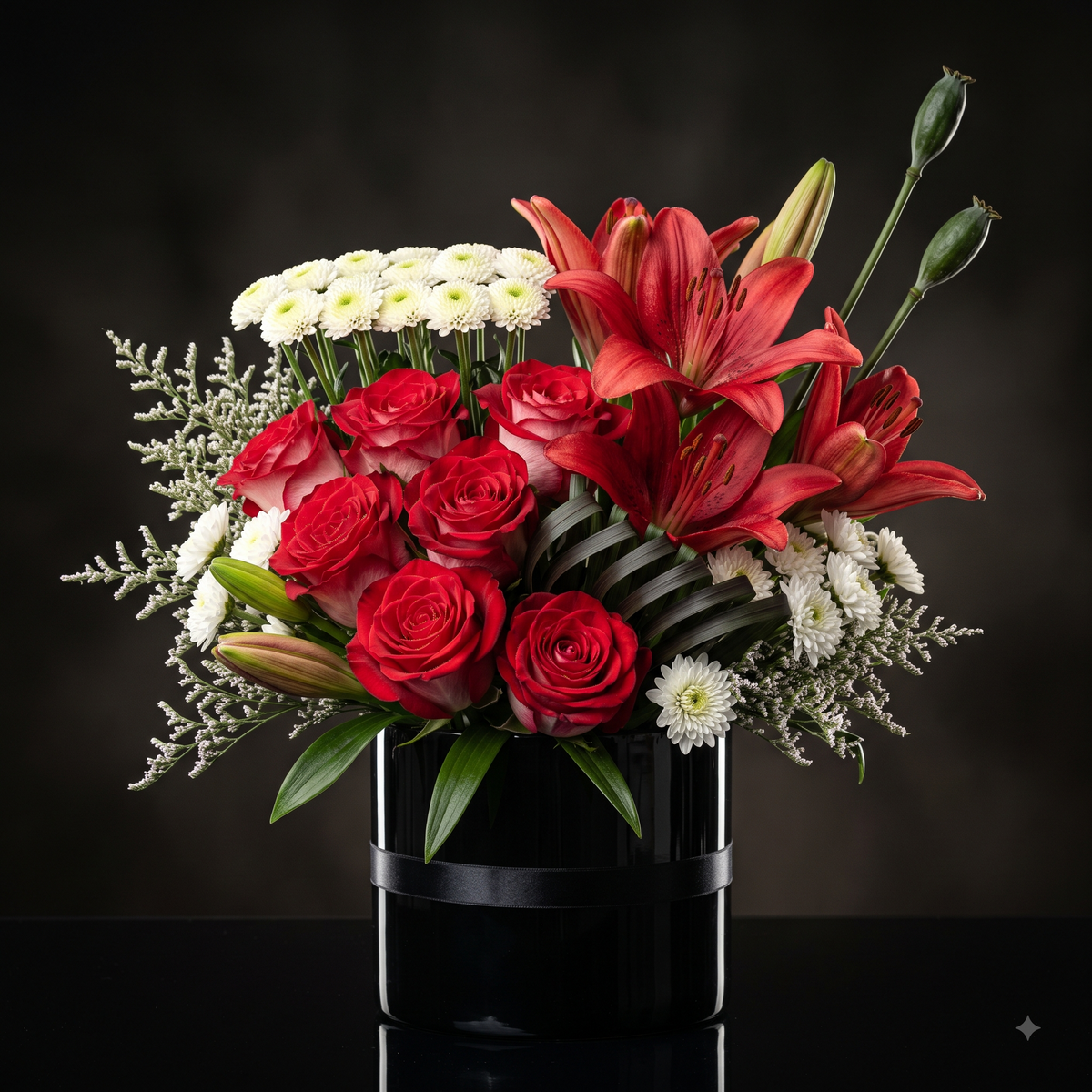 Luxury Red Lily and Rose Flowers Bouquet in Black Pot