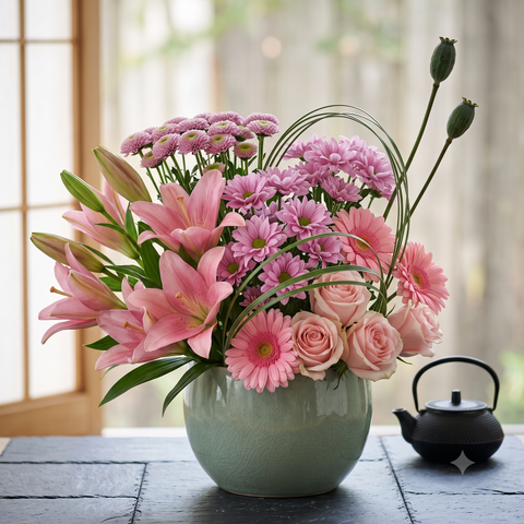 Luxury Pink Lily and Rose Flowers Bouquet in Green Vase