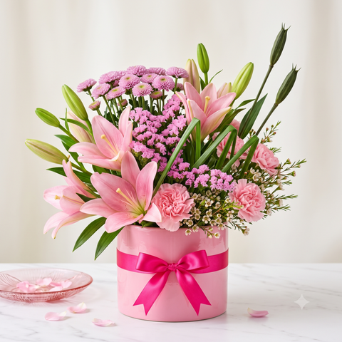 Luxury Pink Lily and Carnation Flowers Bouquet in Pink Pot