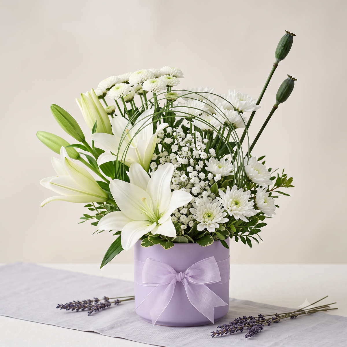Luxury White Lily and Daisy Flowers Bouquet in Lilac Pot