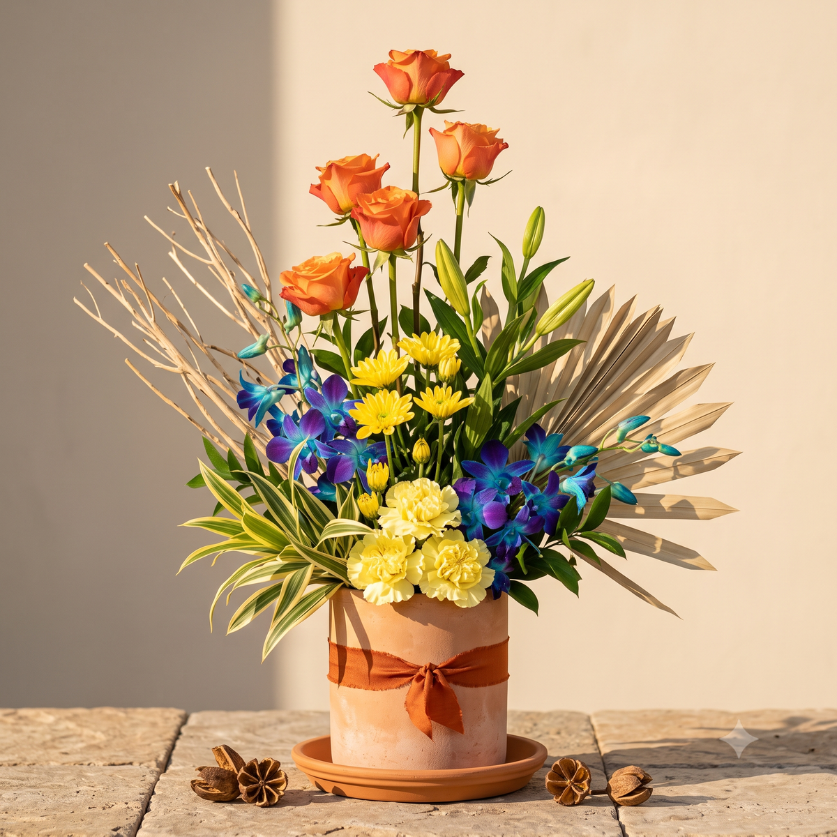 Luxury Orange Roses and Blue Orchids Arrangement