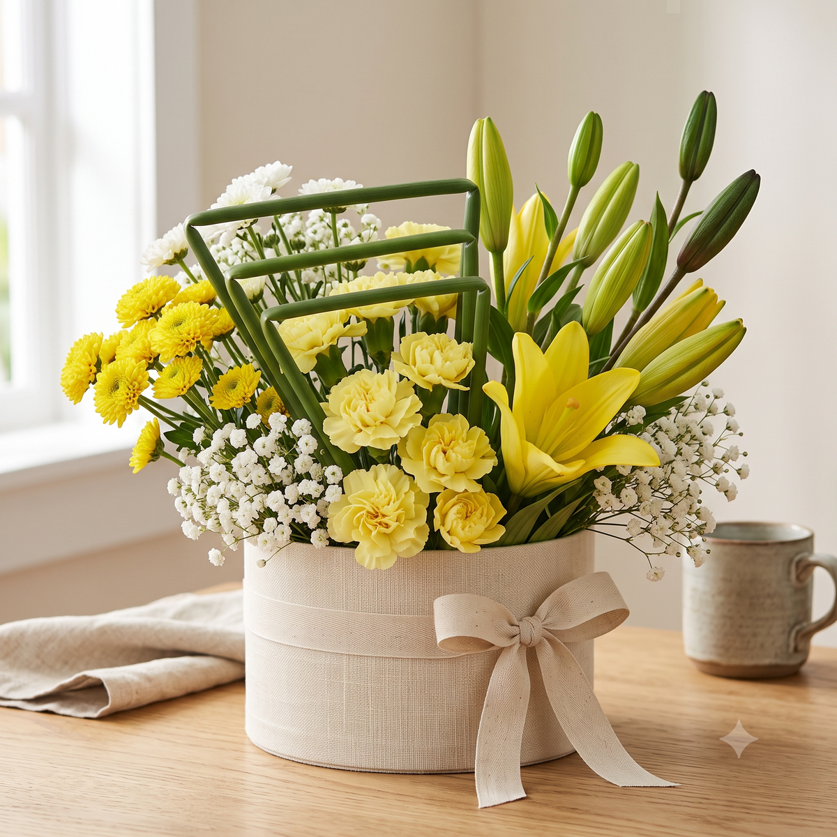 Luxury Yellow Lily and Carnation Hat Box Bouquet