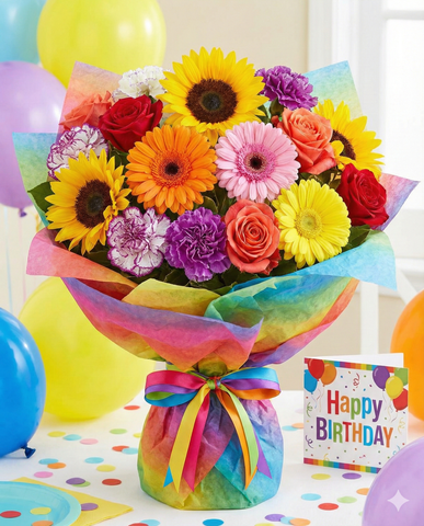 Rainbow Birthday Flower Bouquet - Vibrant Mixed Blooms