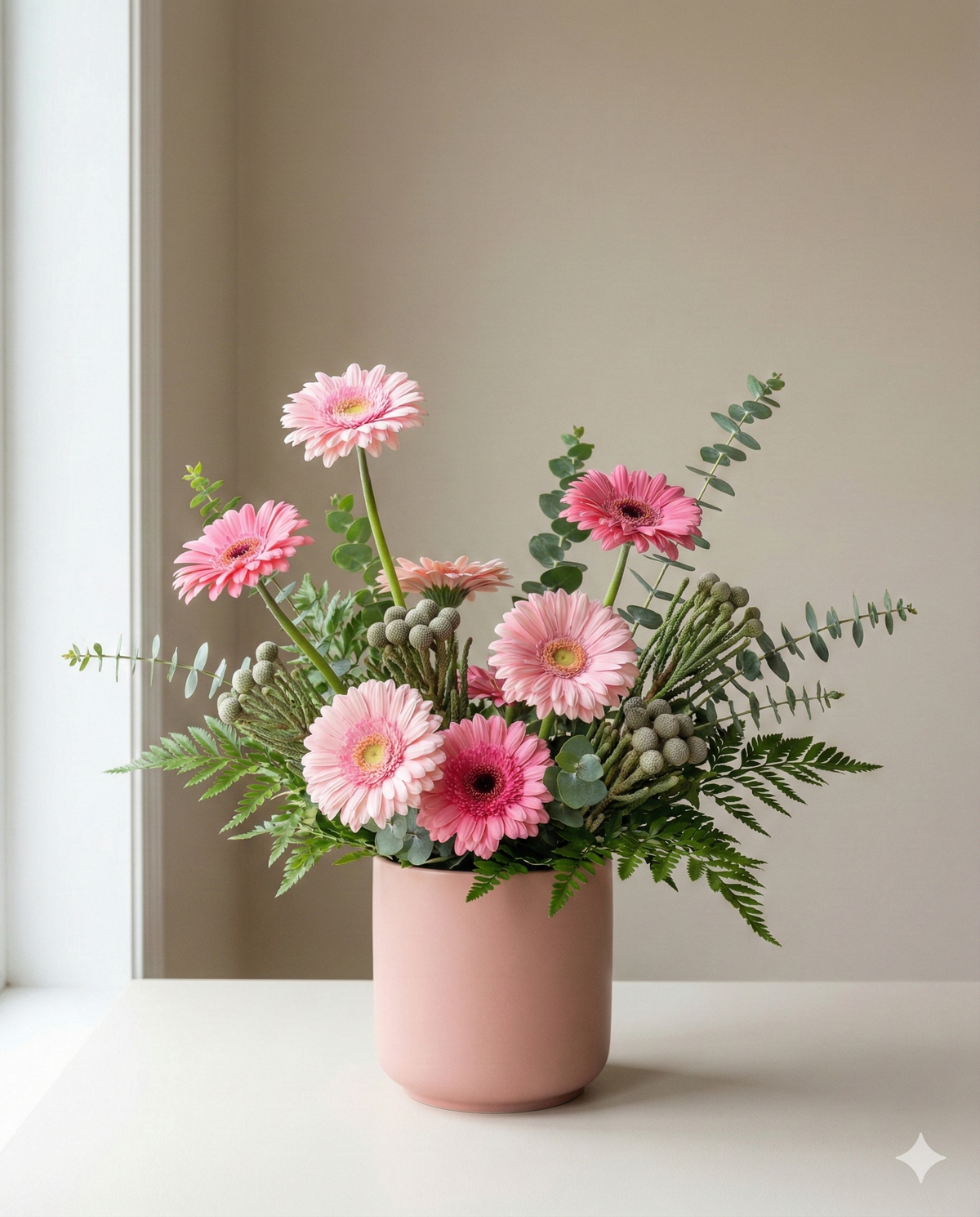 Pink Gerbera Daisies & Eucalyptus Pot - Birthday Flowers