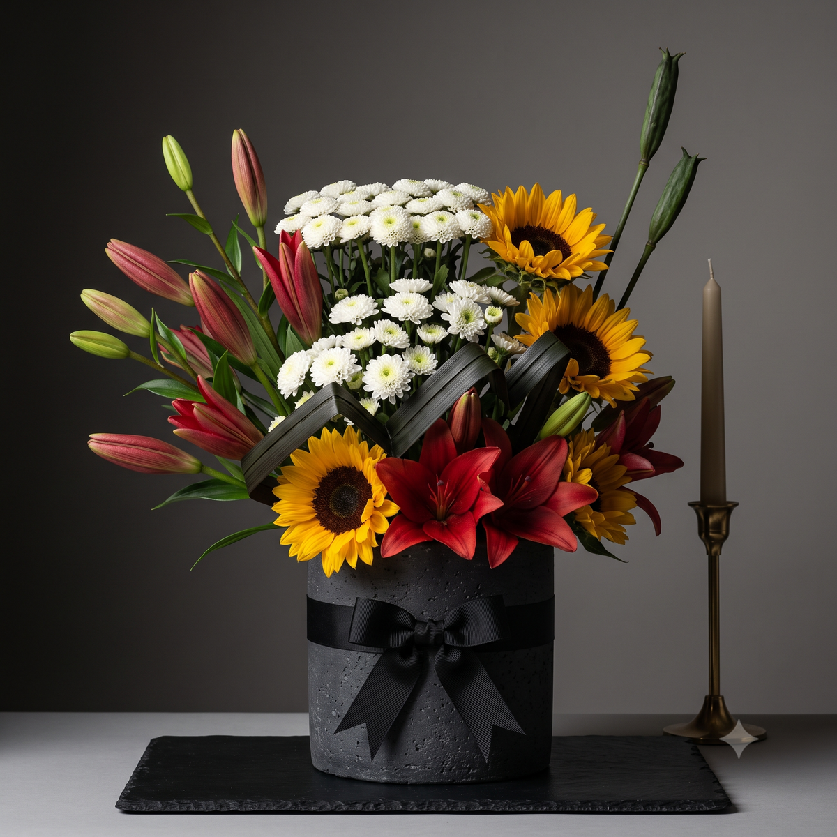 Luxury Red Lily & Sunflower Bouquet in Dark Pot