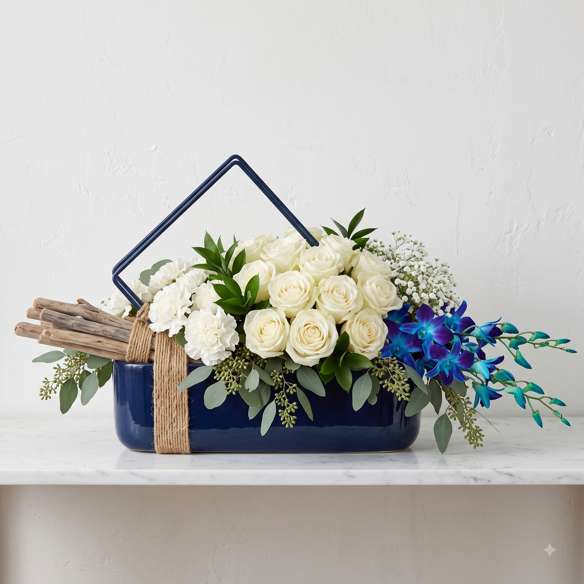 Luxury White Rose and Blue Orchid Box Arrangement