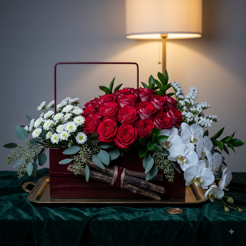 Luxury Red Rose and White Orchid Box Arrangement