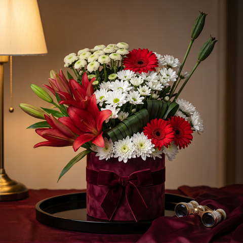 Luxury Red Lily and Gerbera Flowers Bouquet in Velvet Box