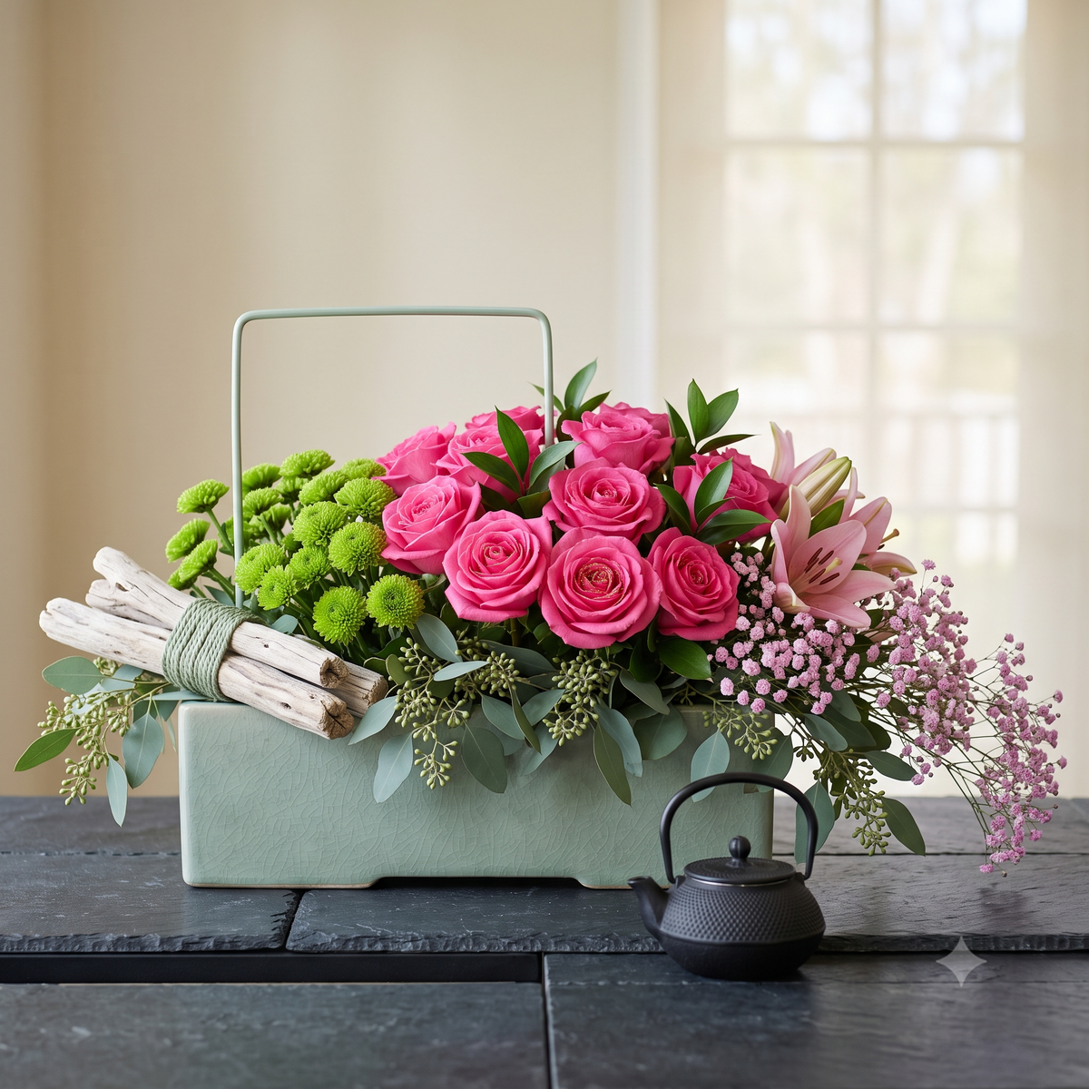 Zen Pink Rose & Lily Luxury Celadon Arrangement