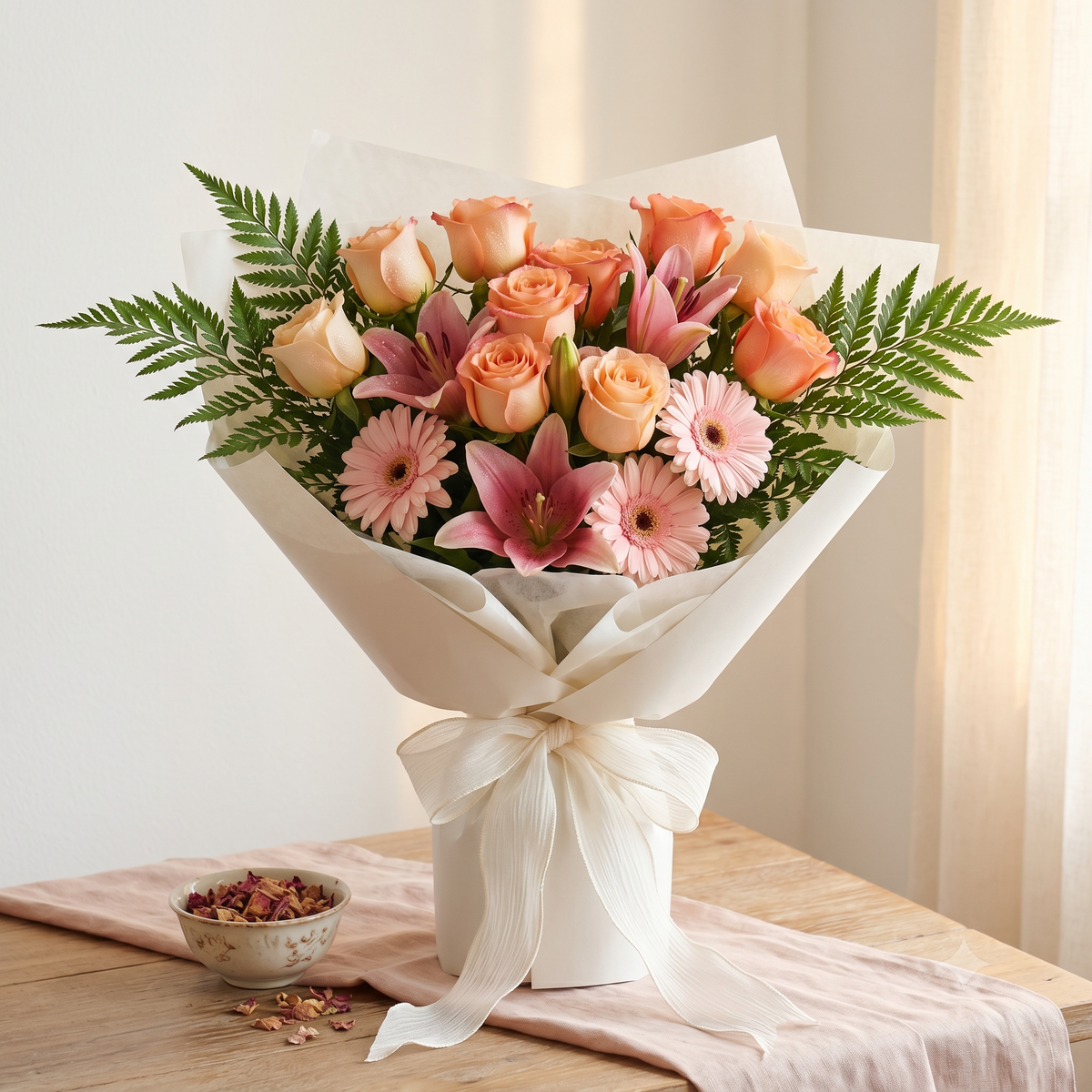 Premium Peach Rose & Pink Lily Anniversary Flowers
