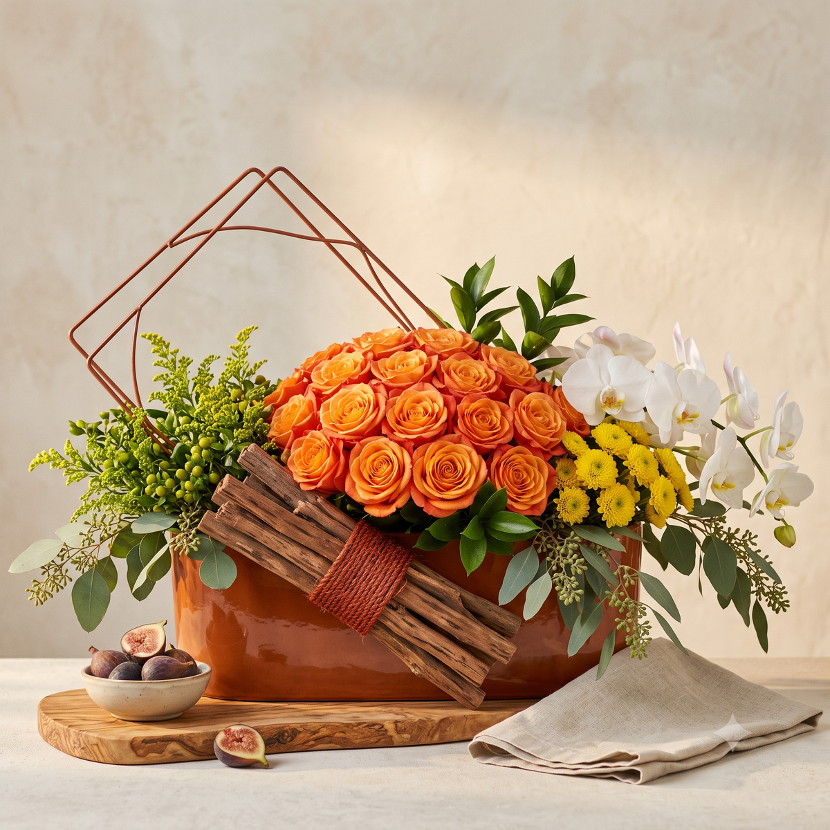 Luxury Orange Rose & White Orchid Bouquet in Terracotta Trough