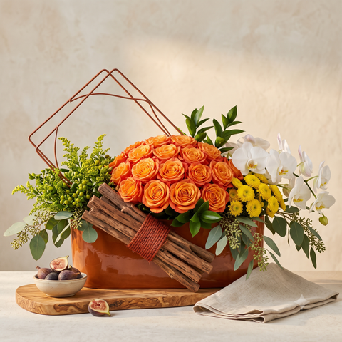 Luxury Orange Rose & White Orchid Bouquet in Terracotta Trough