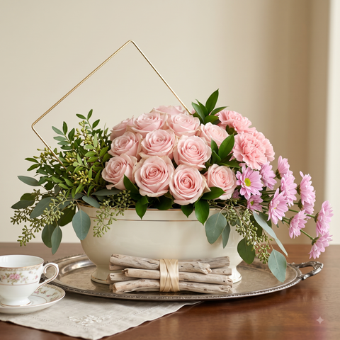 Luxury Blush Pink Rose & Carnation Bouquet in Bone China