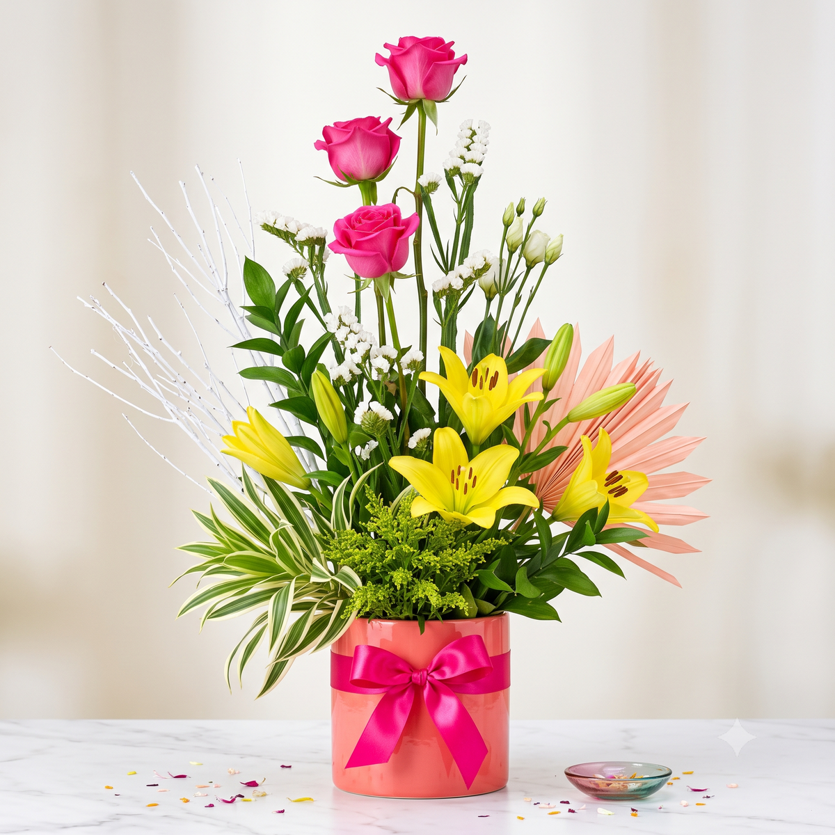 Luxury Pink Roses and Yellow Lilies Arrangement