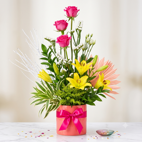 Luxury Pink Roses and Yellow Lilies Arrangement