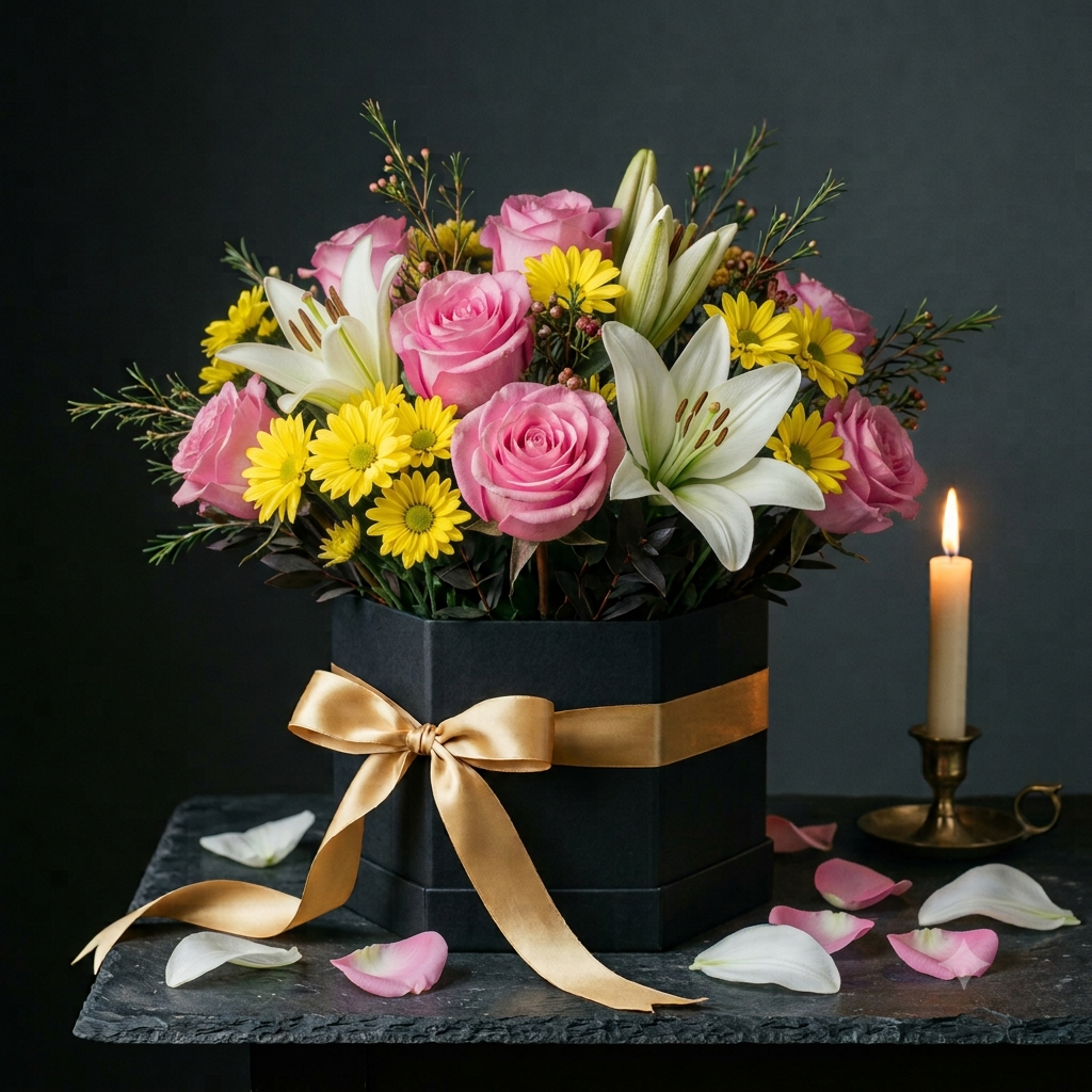 Luxury Pink Rose and White Lily Hexagonal Flower Box