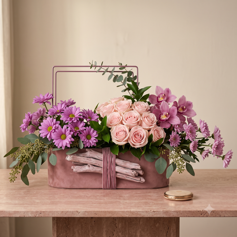 Luxury Pink Rose & Orchid Felt Arrangement in Bohemian Trough