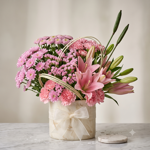 Luxury Pink Lily and Carnation Flowers Bouquet in Marble Pot