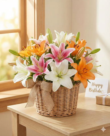 Vibrant Mixed Lily Bouquet - Birthday Flowers Basket