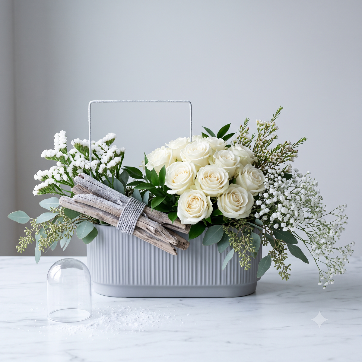 Luxury White Roses & Driftwood Modern Flowers Bouquet