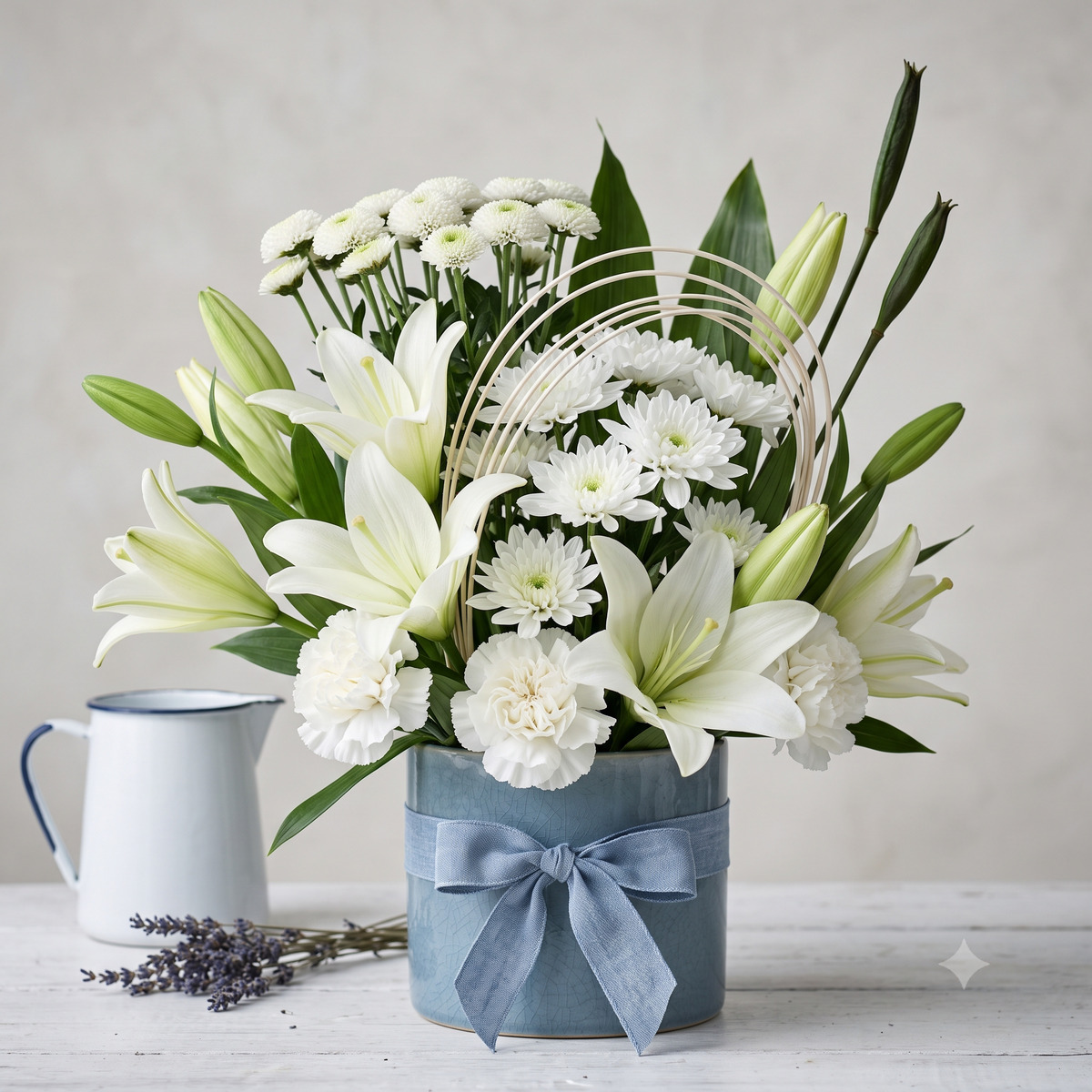 Luxury White Lily and Carnation Flowers Bouquet in Blue Pot