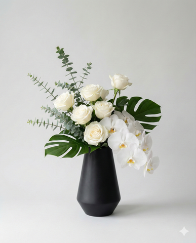 Modern White Rose and Orchid Arrangement
