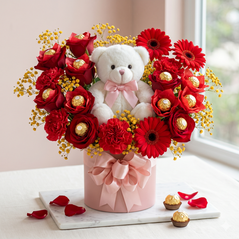 Fresh Flower and Chocolate Bouquet with Teddy Bear