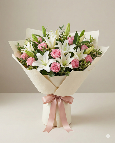 Pink Lily and Rose Bouquet - Anniversary Flowers