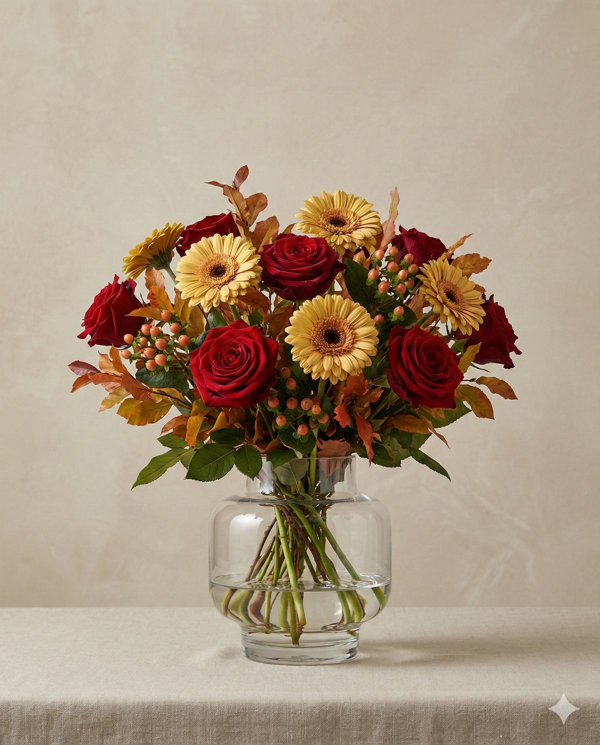 Red Rose and Gerbera Autumn Bouquet in Vase
