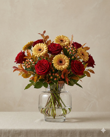 Red Rose and Gerbera Autumn Bouquet in Vase