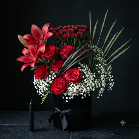 Luxury Red Lily and Rose Flowers Bouquet in Black Box