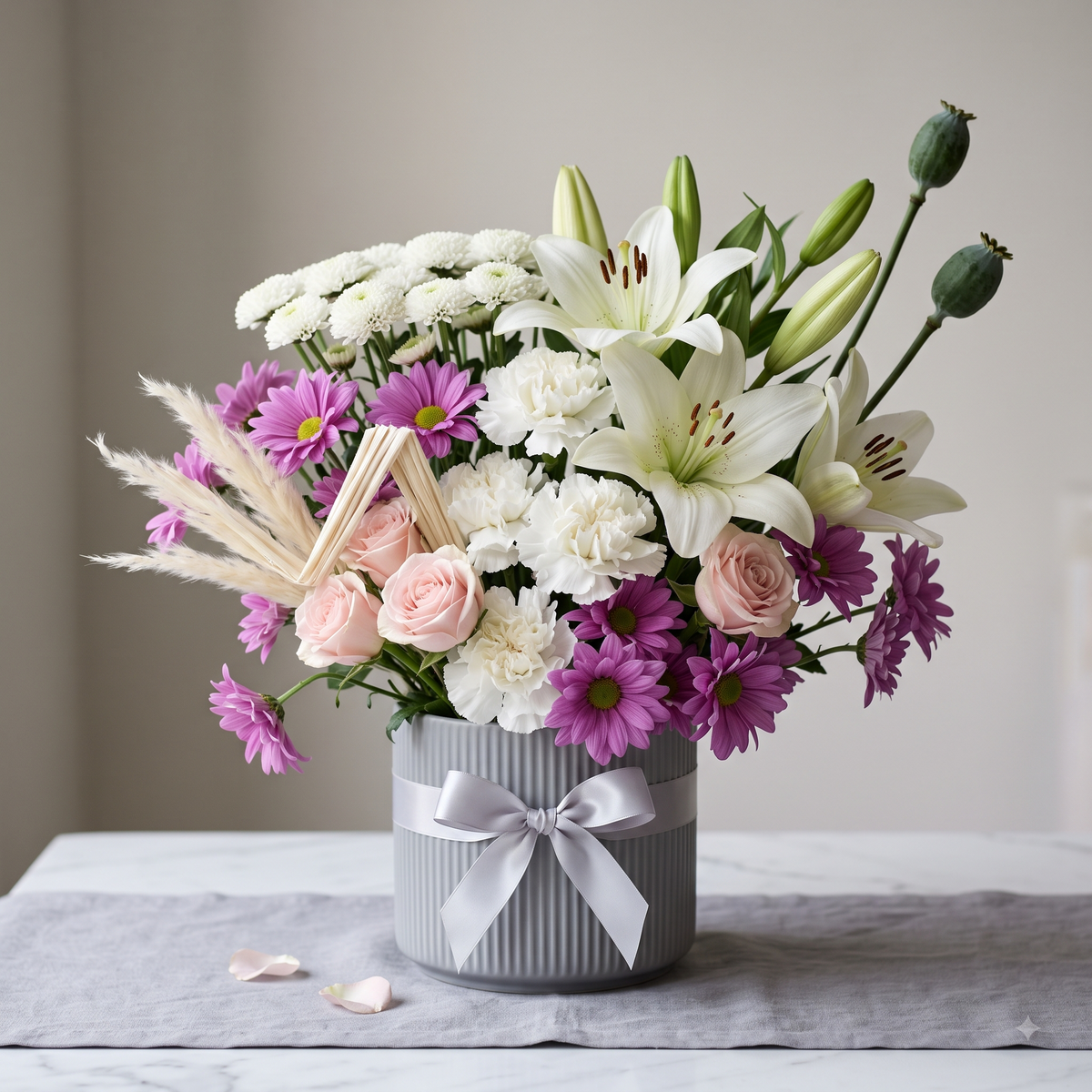 Luxury White Lily and Pink Rose Flowers Bouquet