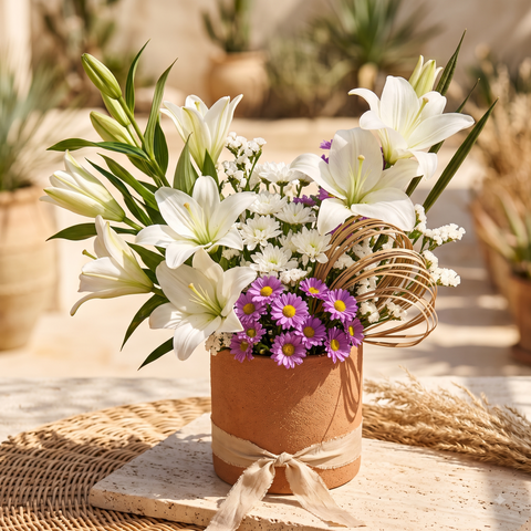 Luxury White Lily and Purple Daisy Bouquet in Terracotta Pot