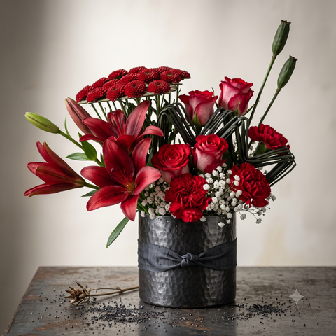 Luxury Deep Red Lily and Rose Bouquet in Dark Metal Pot
