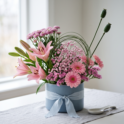 Luxury Pink Lily and Gerbera Bouquet in Blue Box