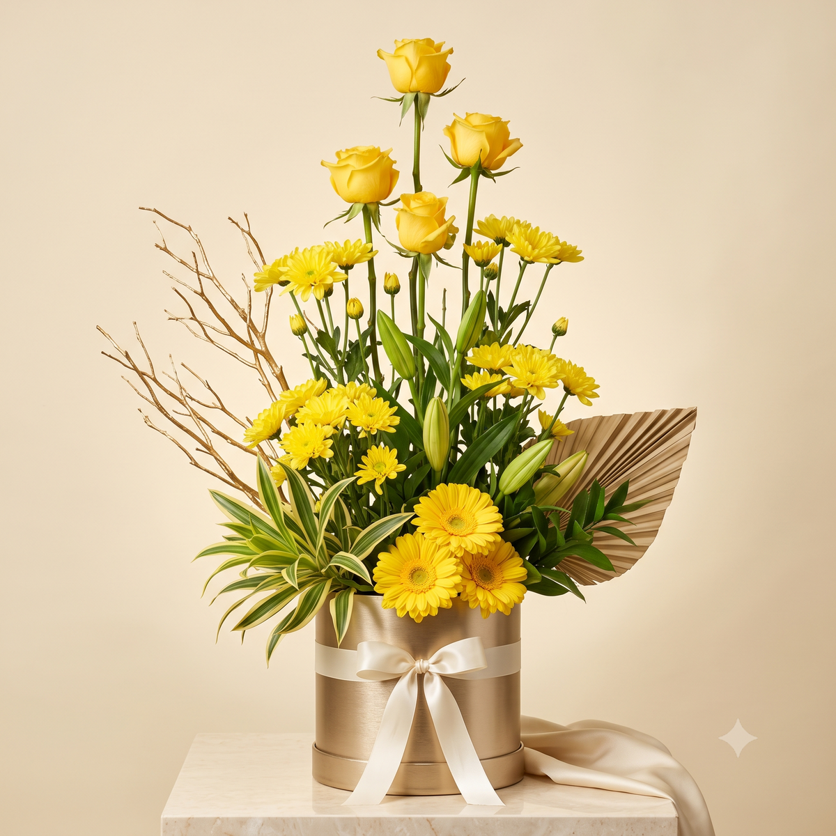 Luxury Golden Yellow Roses and Daisies Arrangement