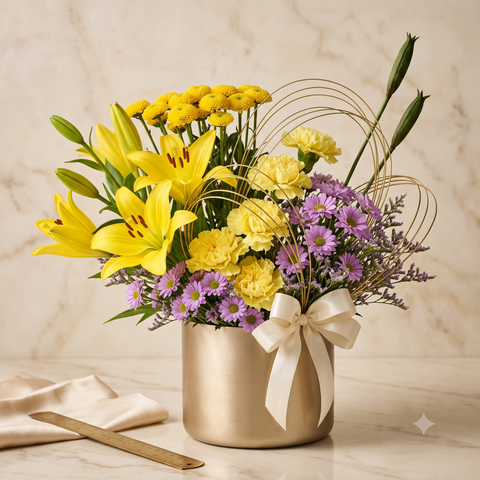 Luxury Yellow Lily and Purple Flowers Bouquet in Gold Pot