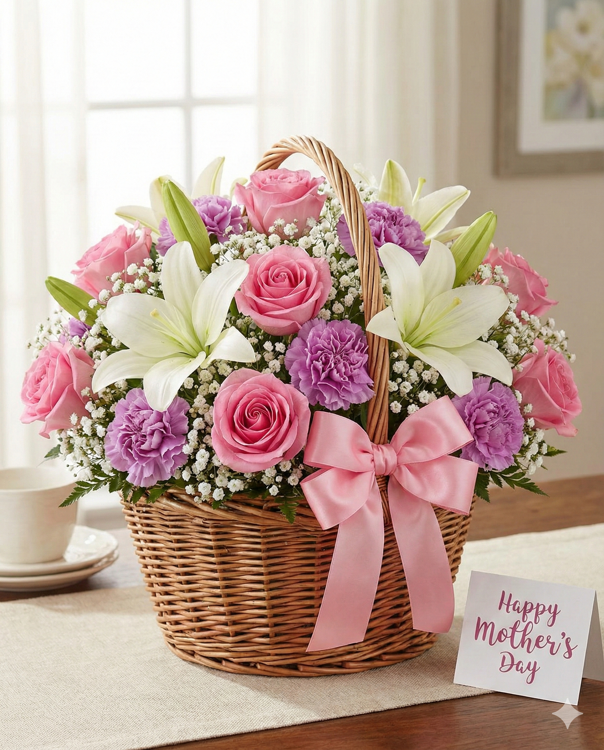 Mother's Day Flower Basket - Pink Roses & Lilies