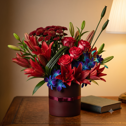 Luxury Red Lily and Blue Orchid Flowers Bouquet