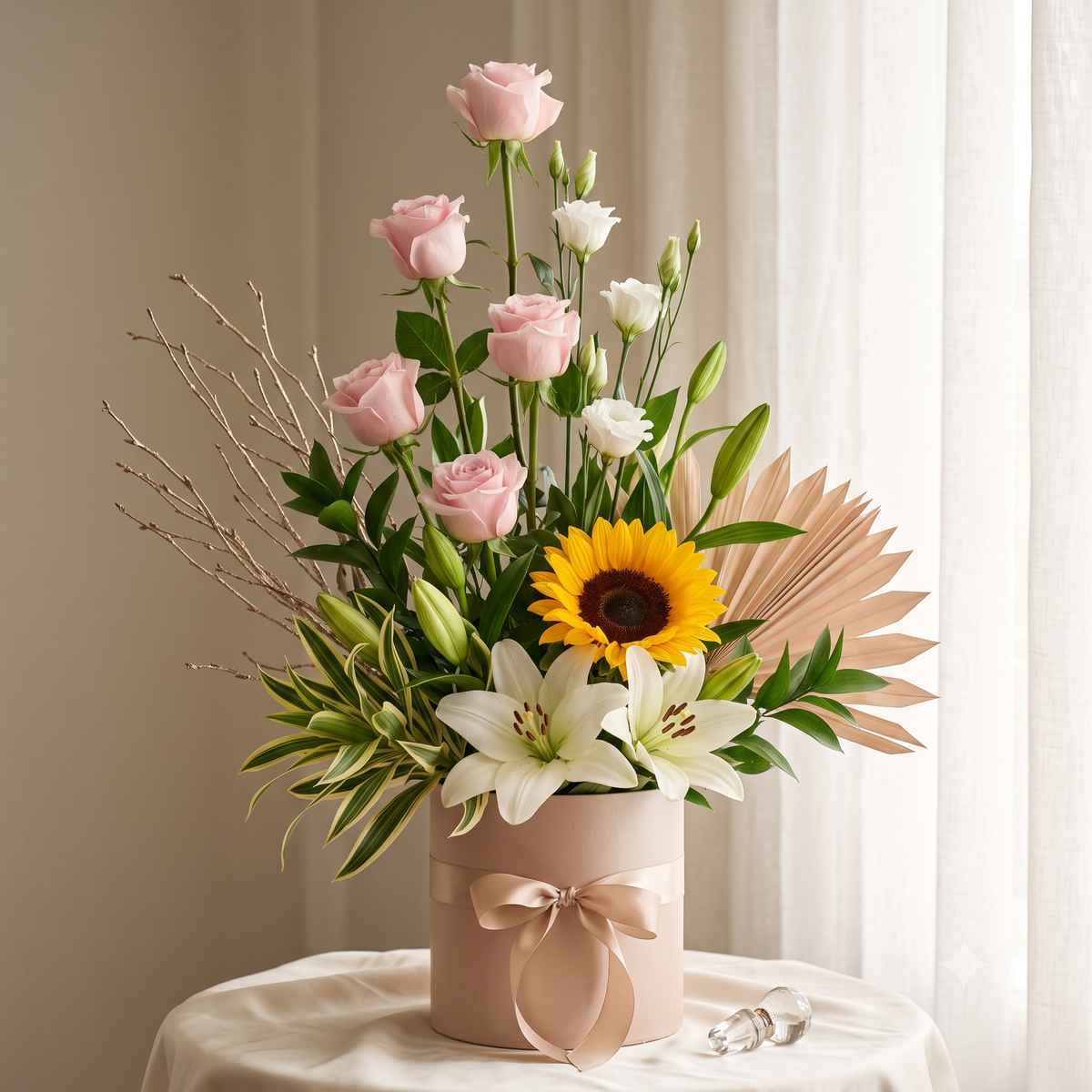 Luxury Pink Roses and Sunflower Arrangement