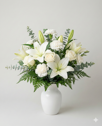 White Lily & Rose Sympathy Arrangement in Vase