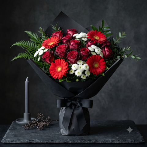 Luxury Deep Crimson Roses and Gerbera Bouquet