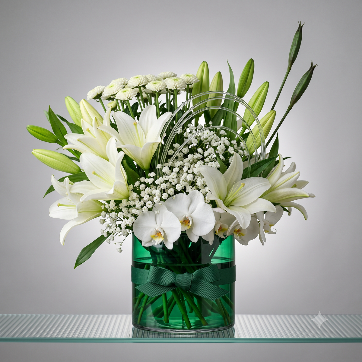 Luxury White Lily and Orchid Flowers Bouquet in Green Vase