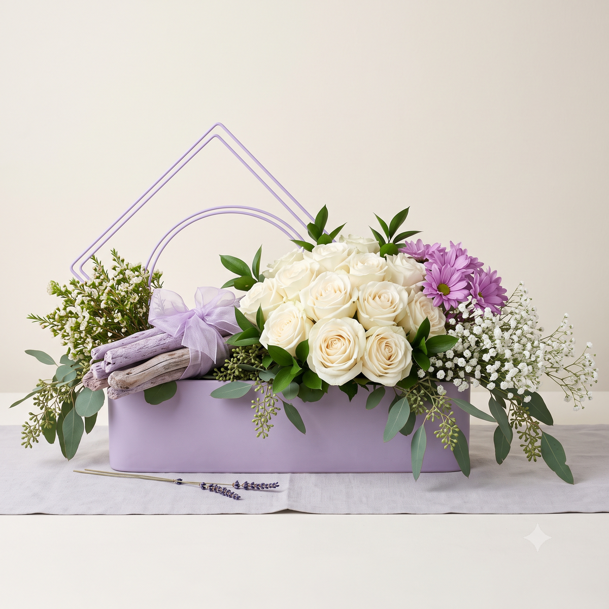 Luxury White Rose & Lavender Modern Trough Bouquet