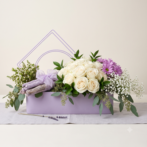 Luxury White Rose & Lavender Modern Trough Bouquet